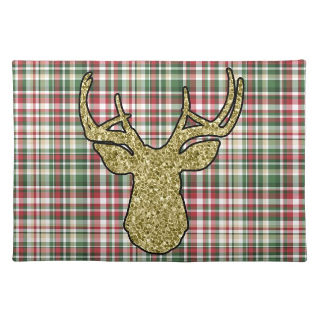 Christmas XMAS Plaid Tartan Gold Deer Placemat (Front)