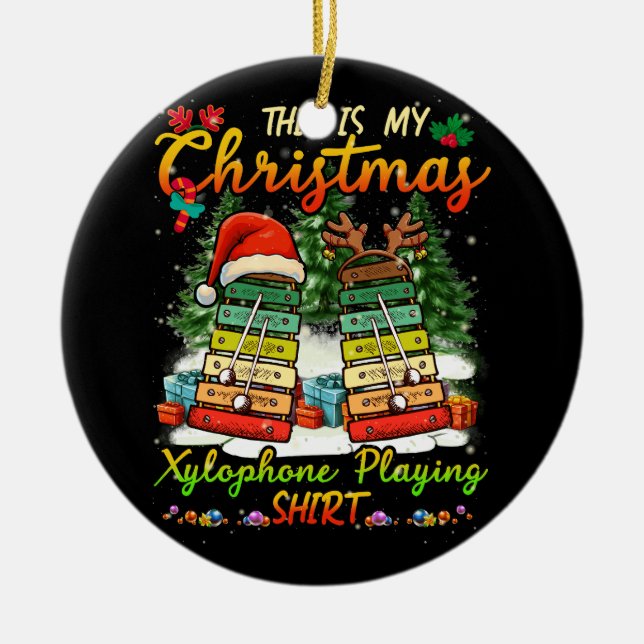 Christmas Xylophone Playing Three Santa Elf Xyloph Ceramic Ornament (Front)