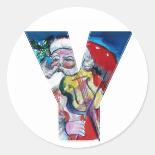 CHRISTMAS Y LETTER / SANTA WITH VIOLIN MONOGRAM CLASSIC ROUND STICKER