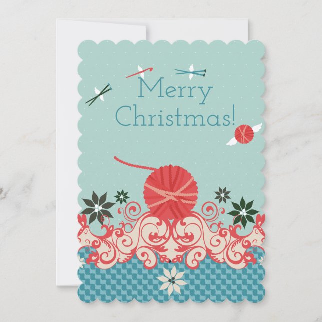 Christmas yarn knitting needles crochet hook angel holiday card (Front)