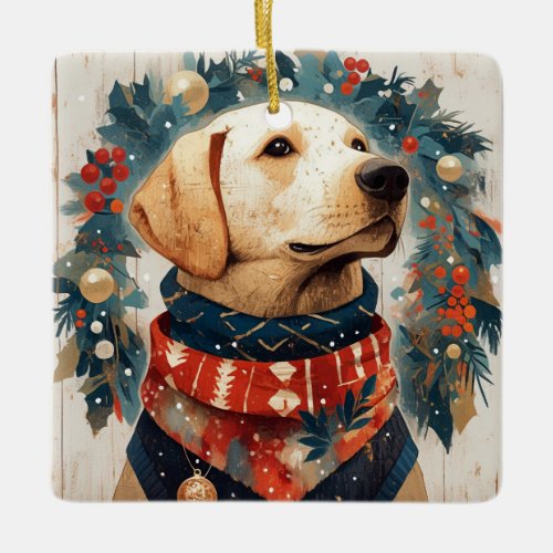 Christmas Yellow Lab Dog Ceramic Ornament