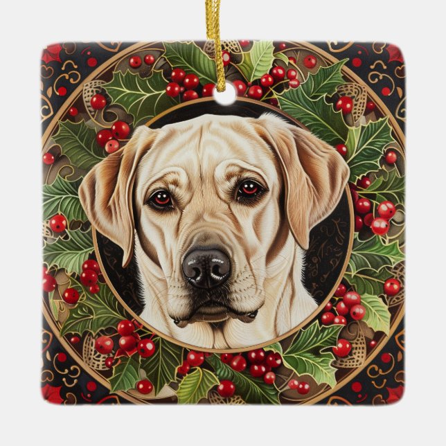 Christmas Yellow Lab Dog Ceramic Ornament (Front)