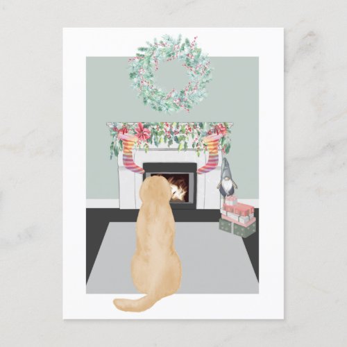 Christmas Yellow Labrador Dog Fireplace Scene Holiday Postcard