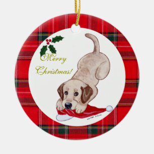 Christmas Yellow Labrador Puppy Santa Hat Ceramic Ornament