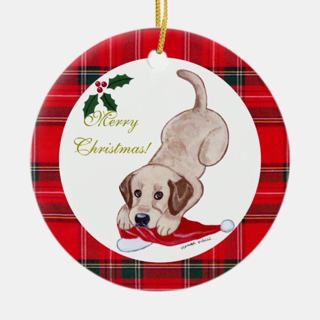 Christmas Yellow Labrador Puppy Santa Hat Ceramic Ornament (Front)