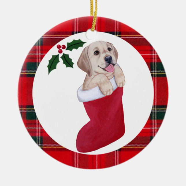 Christmas Yellow Labrador Puppy Tartan Ceramic Ornament (Front)