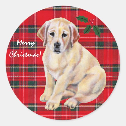 Christmas Yellow Labrador Puppy Tartan Classic Round Sticker