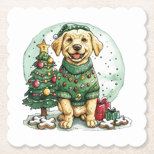 Christmas Yellow Labrador Retriever Dog Paper Coaster (Front)
