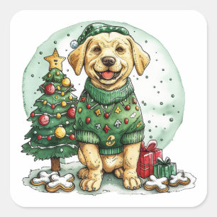 Christmas Yellow Labrador Retriever Dog Square Sticker