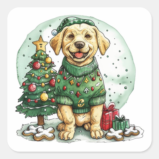 Christmas Yellow Labrador Retriever Dog Square Sticker (Front)