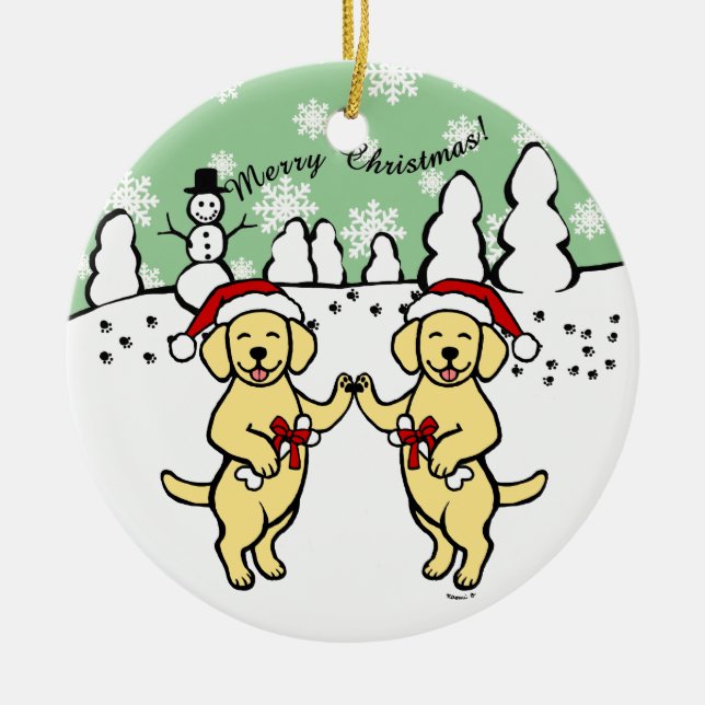 Christmas Yellow Labradors Cartoon Ceramic Ornament (Front)