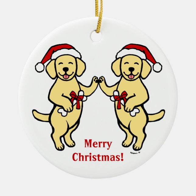 Christmas Yellow Labradors Cartoon Ceramic Ornament (Front)
