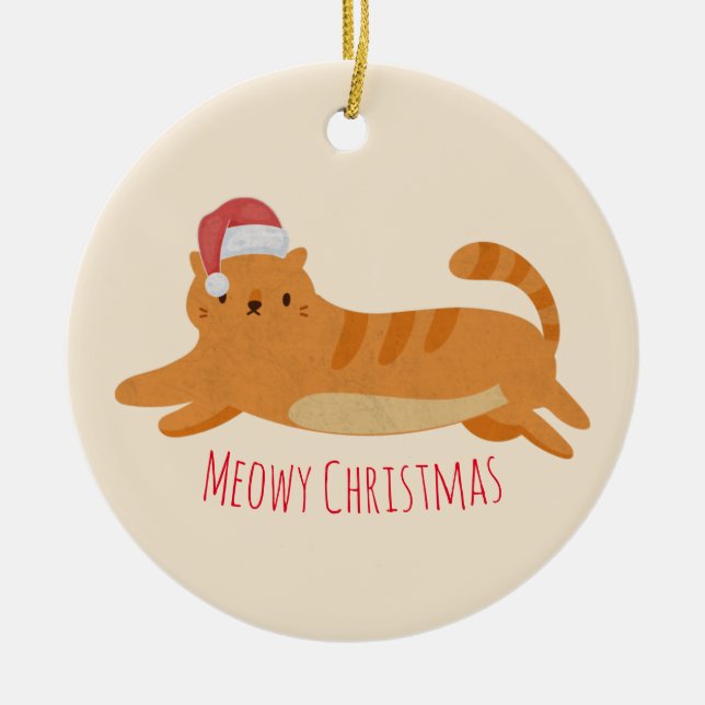 Christmas Yellow Tabby Cat Ceramic Ornament (Front)