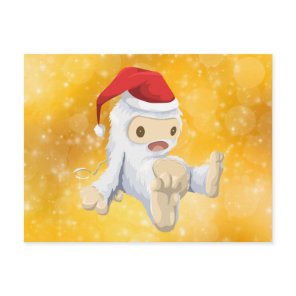 Christmas Yeti Doll on Gold Bokeh Background Holiday Postcard