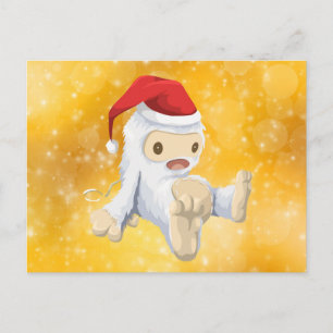 Christmas Yeti Doll on Gold Bokeh Background Holiday Postcard