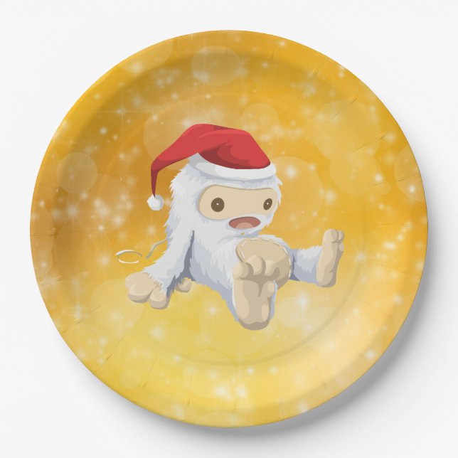 Christmas Yeti Doll on Gold Bokeh Background Paper Plates (Front)