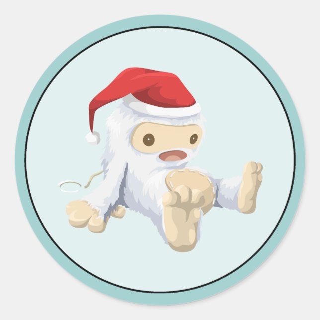 Christmas Yeti Doll Wearing a Santa Hat Classic Round Sticker (Front)