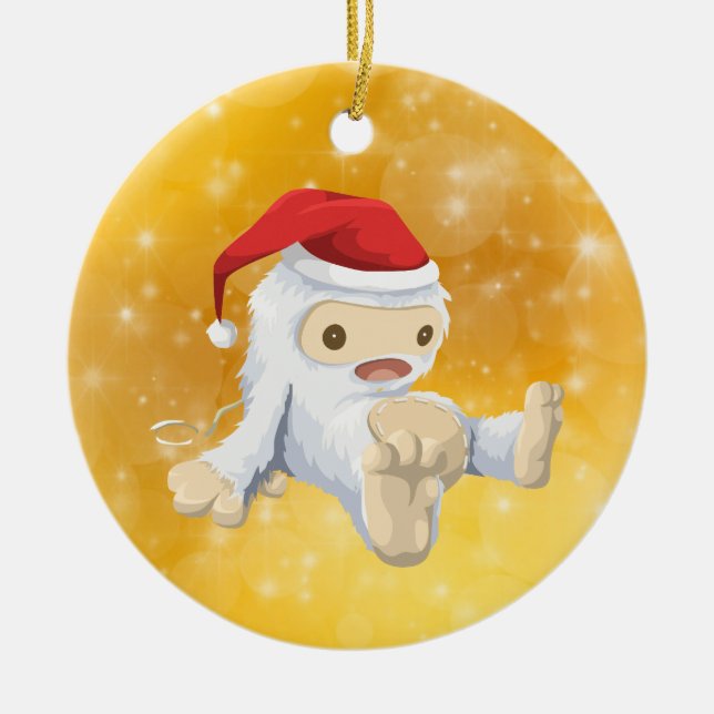 Christmas Yeti Doll with Gold Bokeh Background Ceramic Ornament (Front)