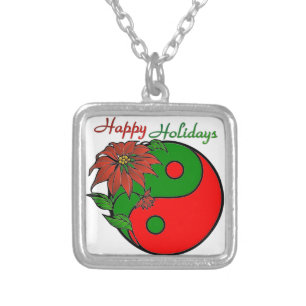 Christmas Yin Yang Poinsettia Silver Plated Necklace