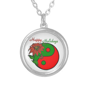 Christmas Yin Yang Poinsettia Silver Plated Necklace
