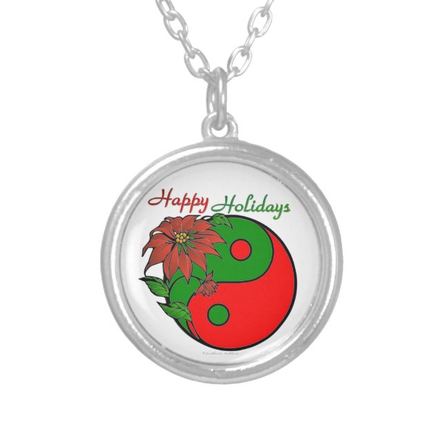 Christmas Yin Yang Poinsettia Silver Plated Necklace (Front)