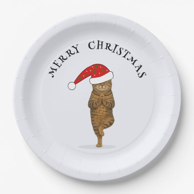 Christmas yoga cat your text paper plates (Front)