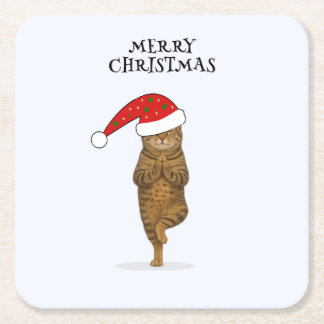 Christmas yoga cat your text square paper coaster