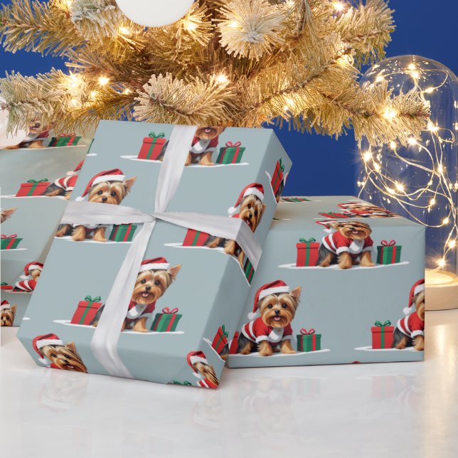 Christmas Yorkshire Terrier Dog Dressed as Santa  Wrapping Paper (Holidays)