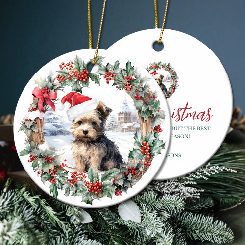 Christmas yorkshire terrier dog puppy Santa hat Ceramic Ornament