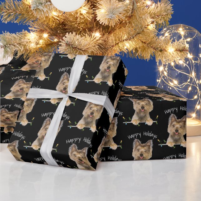 Christmas Yorkshire Terrier On Black Wrapping Paper (Holidays)