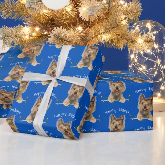 Christmas Yorkshire Terrier On Blue Wrapping Paper (Holidays)