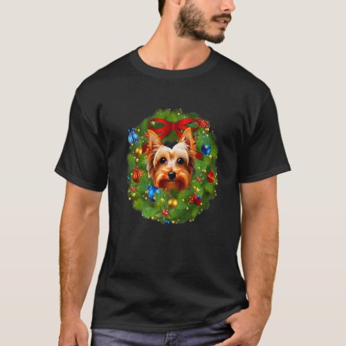 Christmas Yorkshire Terrier Puppy Dog Wreath Premi T_Shirt