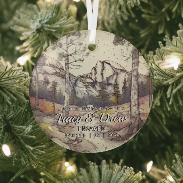 Christmas Yosemite National Park Couple Engagement Glass Ornament (Insitu)