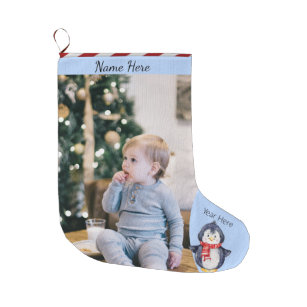 Christmas Your Pic/Text Stripe Watercolor Penguin Large Christmas Stocking