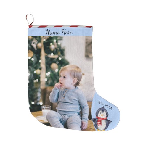Christmas Your PicText Stripe Watercolor Penguin Large Christmas Stocking