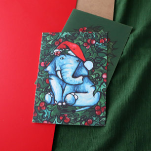 Christmas Yule Elephant with Holly Card