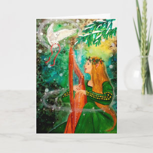 Christmas Yule Elf Maiden Harp, Owl Greeting Card