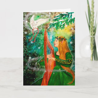 Christmas Yule Elf Maiden Harp, Owl Greeting Card