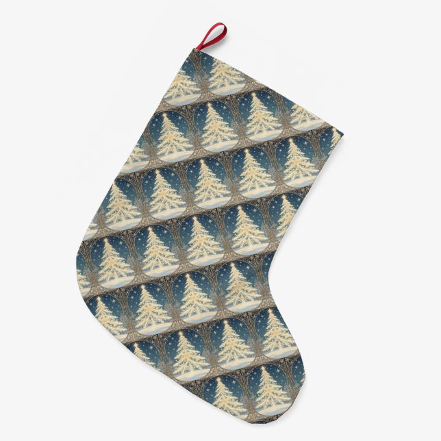 Christmas Yule Tree Snowflake Branches Art Nouveau Large Christmas Stocking (Front (Hanging))