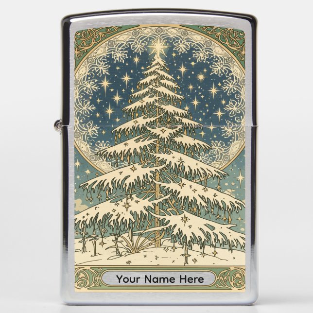 Christmas Yule Tree Snowflakes and Stars Art Nouve Zippo Lighter (Front)