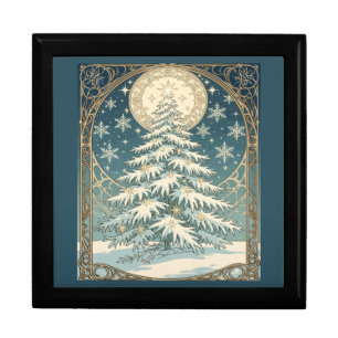 Christmas Yule Tree With Snow And Star-Shaped Gift Box