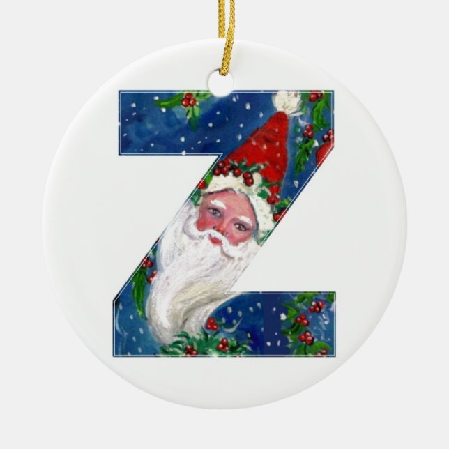 CHRISTMAS Z LETTER / SANTA CLAUS WITH RED RIBBON CERAMIC ORNAMENT (Front)