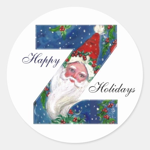 CHRISTMAS Z LETTER  SANTA CLAUS WITH RED RIBBON CLASSIC ROUND STICKER