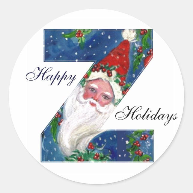 CHRISTMAS Z LETTER / SANTA CLAUS WITH RED RIBBON CLASSIC ROUND STICKER (Front)