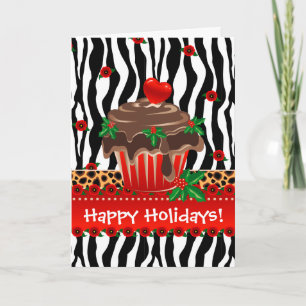 Christmas Zebra Cupcake Leopard Heart Holiday Card