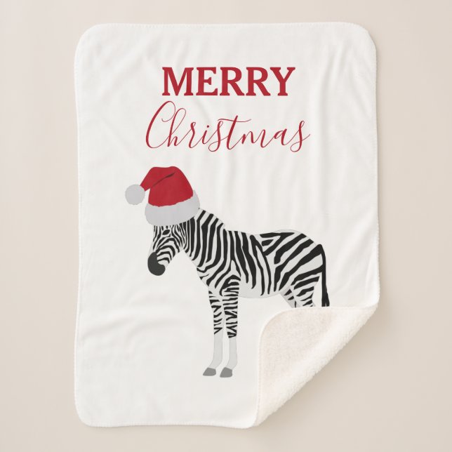 Christmas Zebra Funny Animal with Santa Hat  Sherpa Blanket (Front)