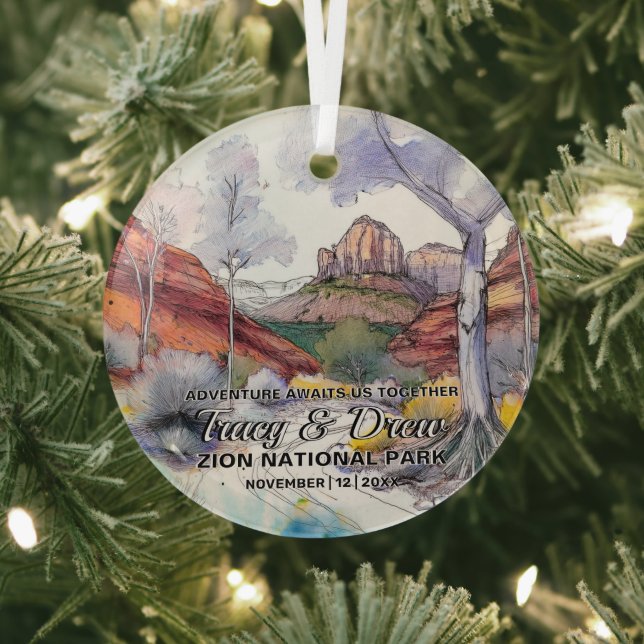Christmas Zion National Park Adventure Couple Boho Glass Ornament (Insitu)