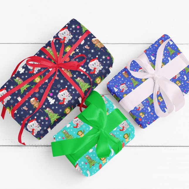 Christmas Zoo Animals In Blues Wrapping Paper Sheets (Creator Uploaded)