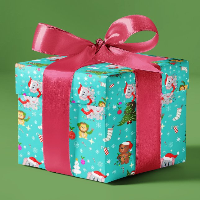 Christmas Zoo Animals In Cobalt Teal Wrapping Paper (Creator Uploaded)