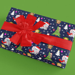 Christmas Zoo Animals In Navy Wrapping Paper